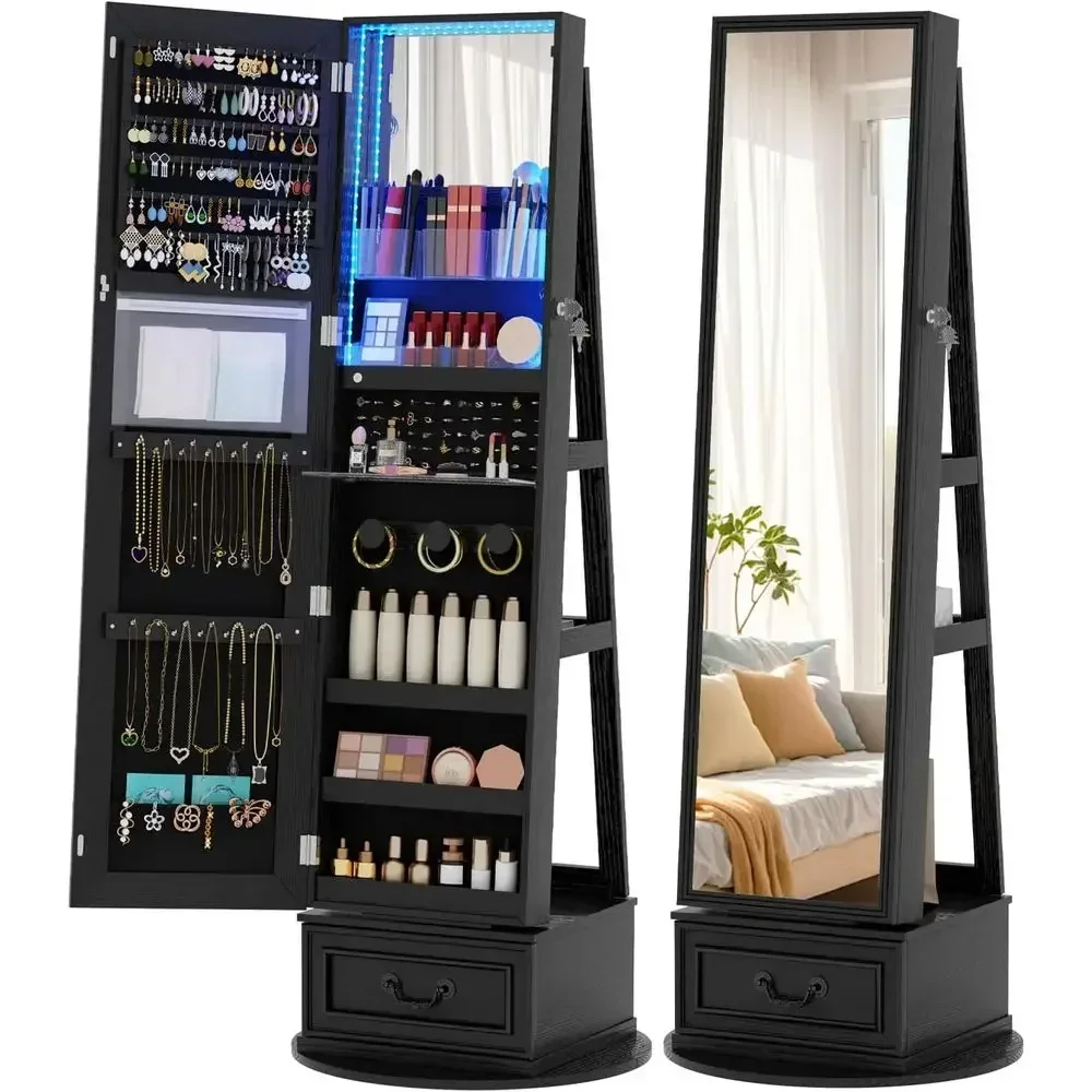 Full Length Mirror Jewelry Armoire - 360° Swiveling Lockable Jewelry Armoire with